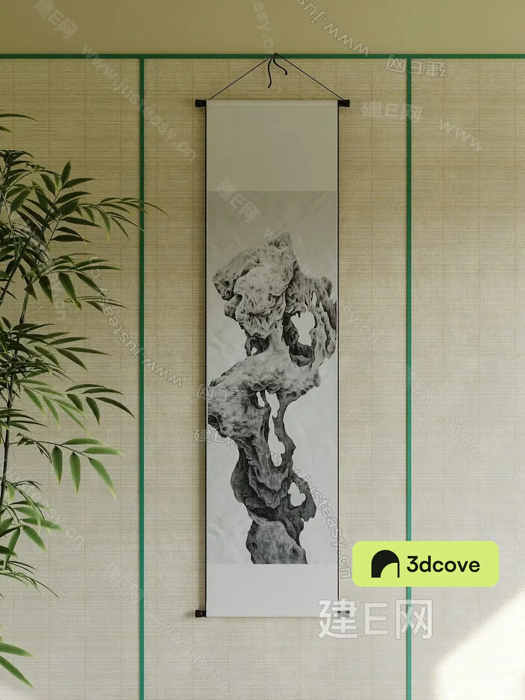 A Hanging Scroll With A Black And White Drawing Of A Tree