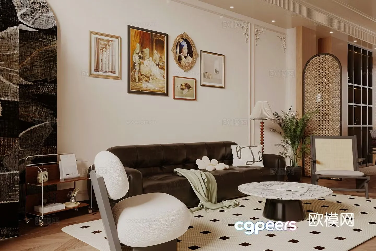 Medium style living room horizontal living room small living room sofa and coffee table combination French retro style guest 3D model
