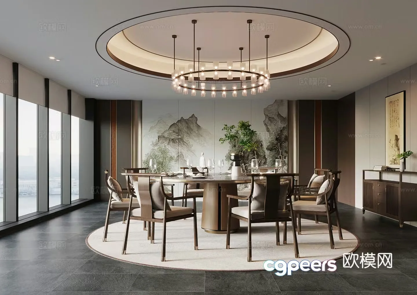 42 New Chinese Restaurant Dining Table and Chair Chandelier 3D Model