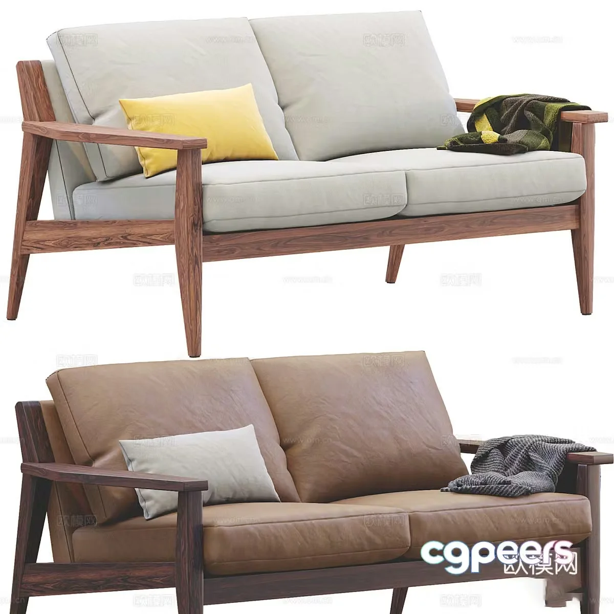New Chinese West Elm Wooden Sofa 3D Model