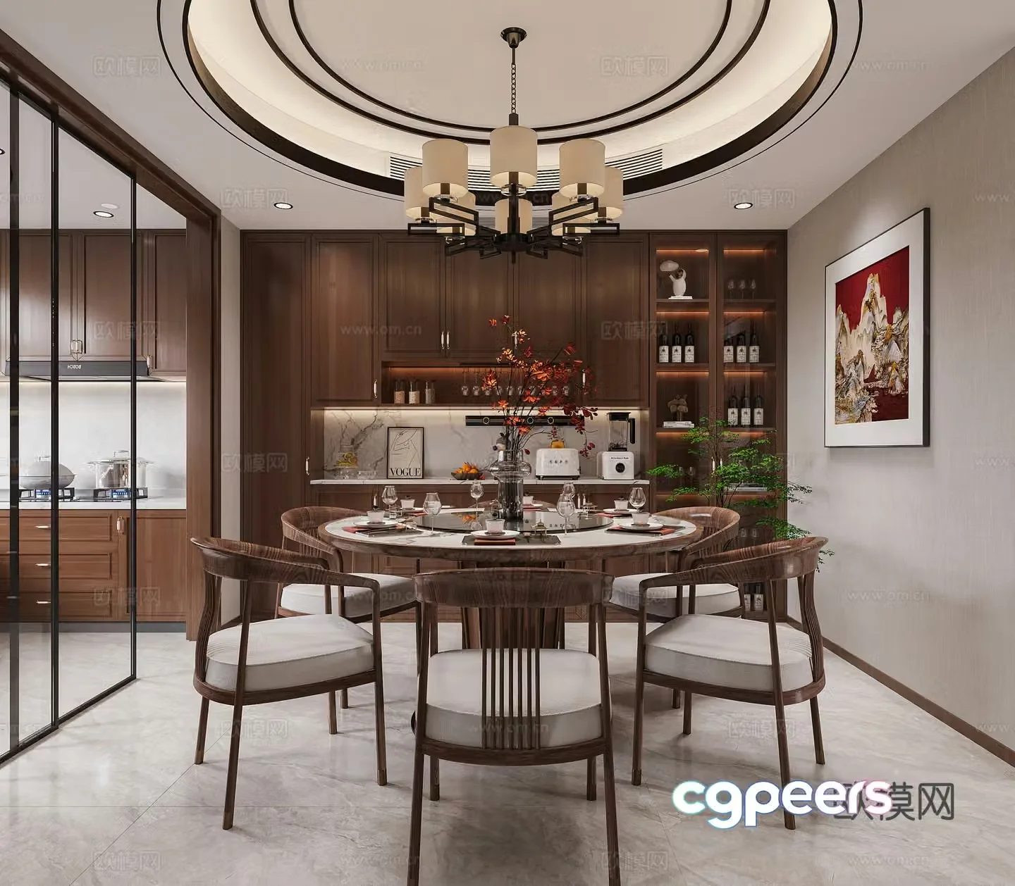 New Chinese restaurant wine cabinet round dining table villa New Chinese living restaurant kitchen Song style 3D model