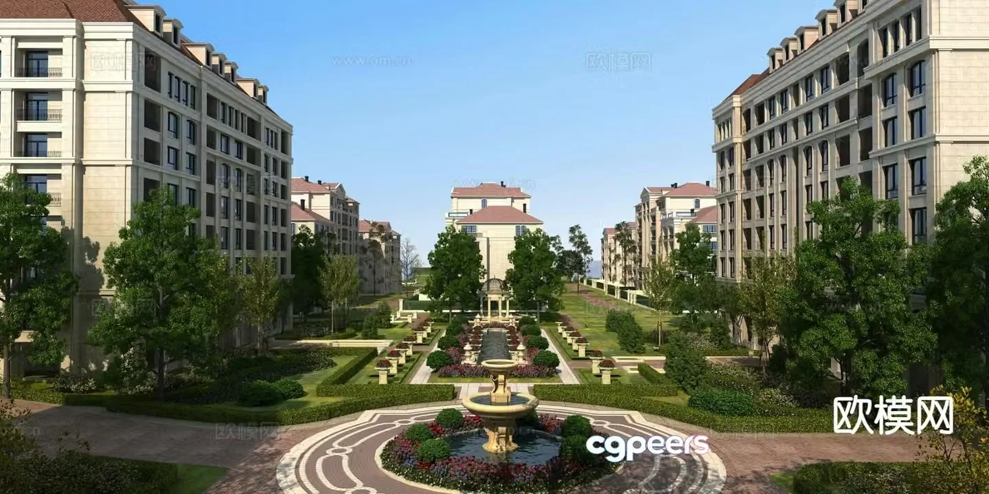 European style multi-story residential area landscape 3D model