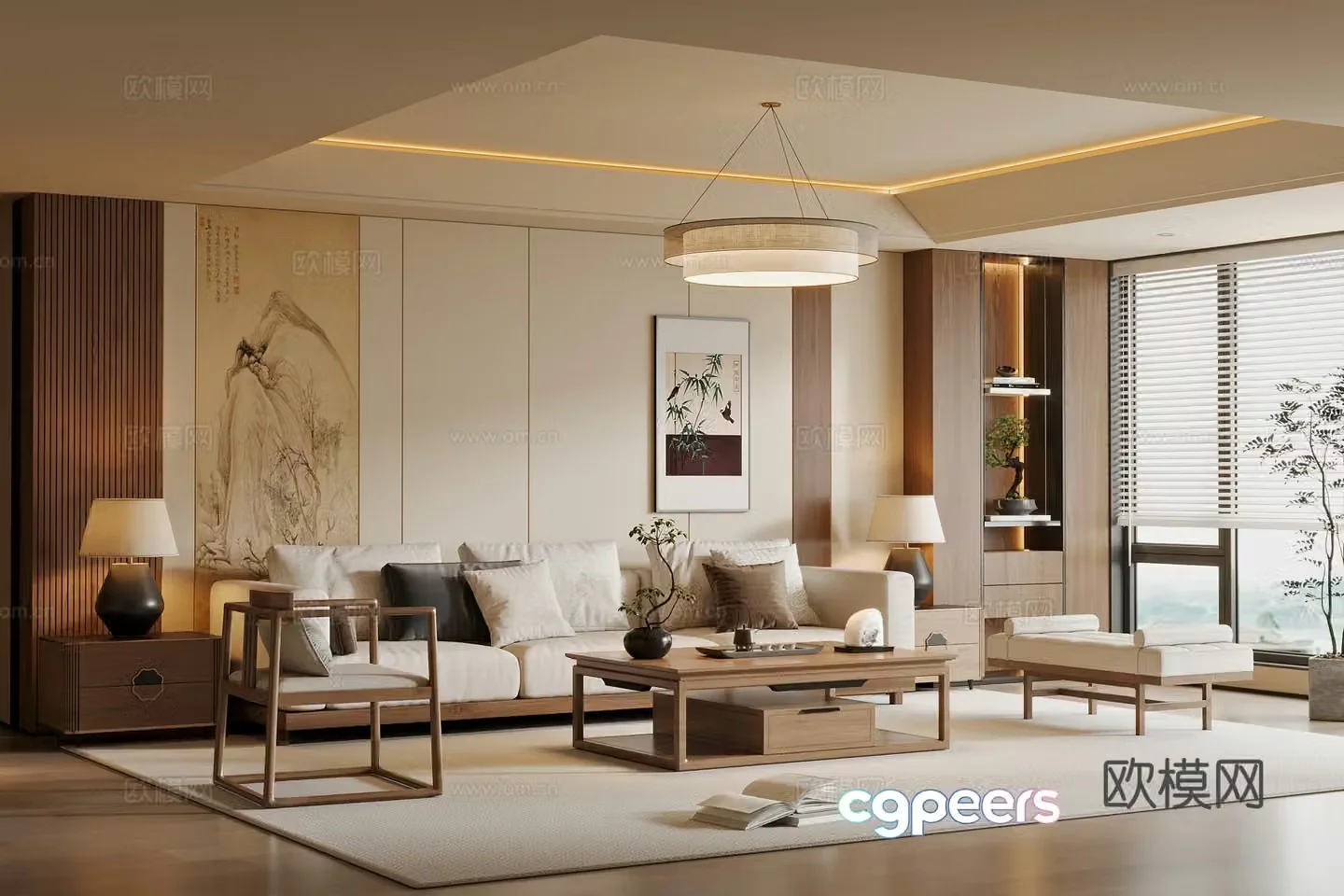 New Chinese style Song style living room solid wood sofa coffee table combination solid wood single chair sofa edge table chandelier 3d model