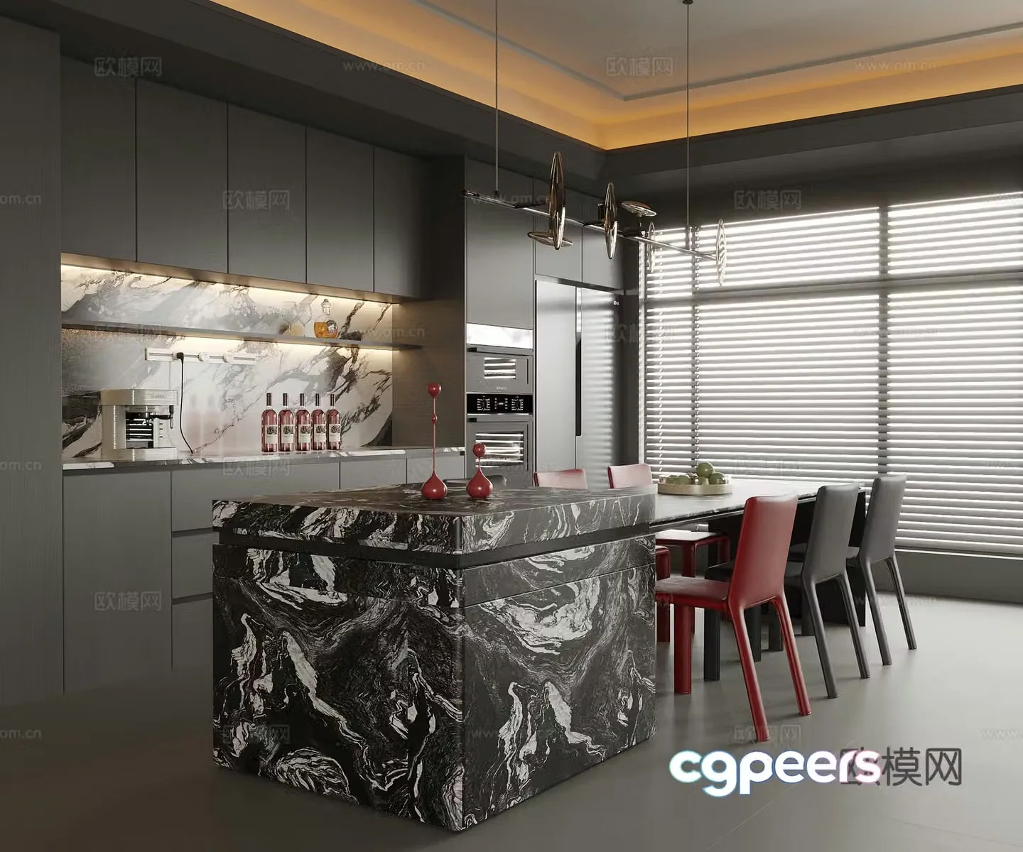 Modern restaurant island dining table and chair dining chair wine cabinet sideboard 3d model