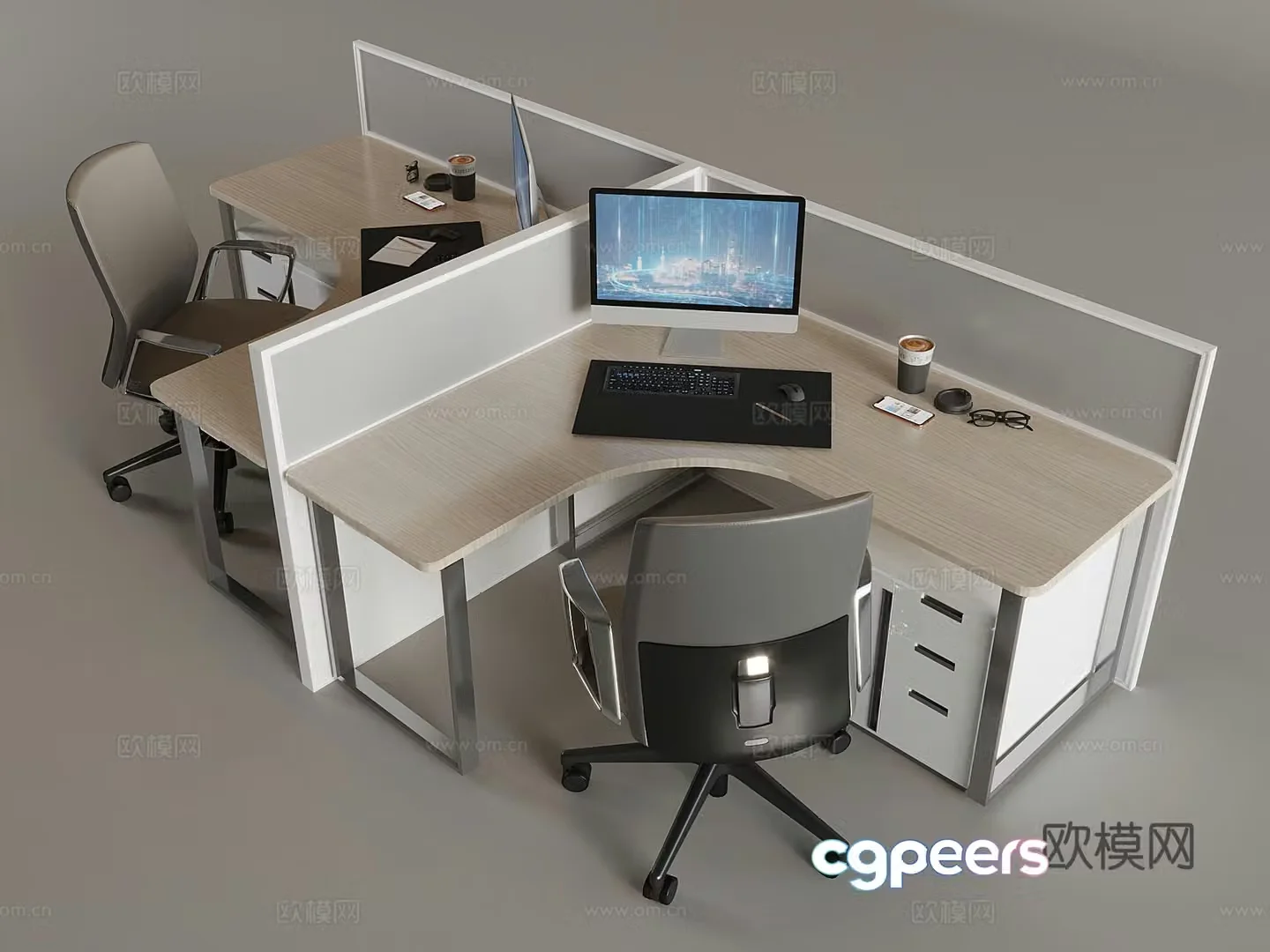 Staff office desk and chair combination office screen locker workstation computer desk rotating chair 3D model