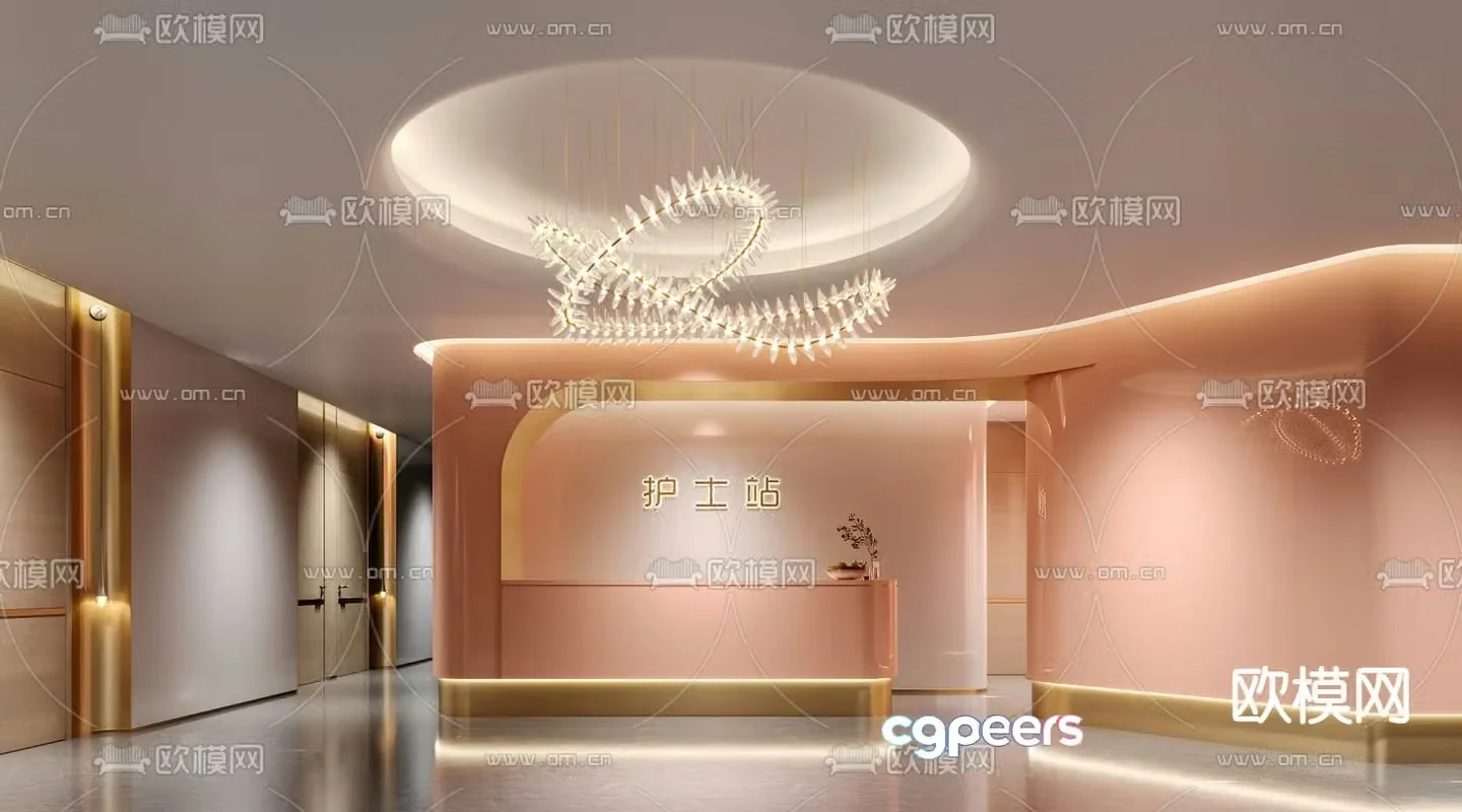 3D model of modern light luxury hospital nurse station reception desk