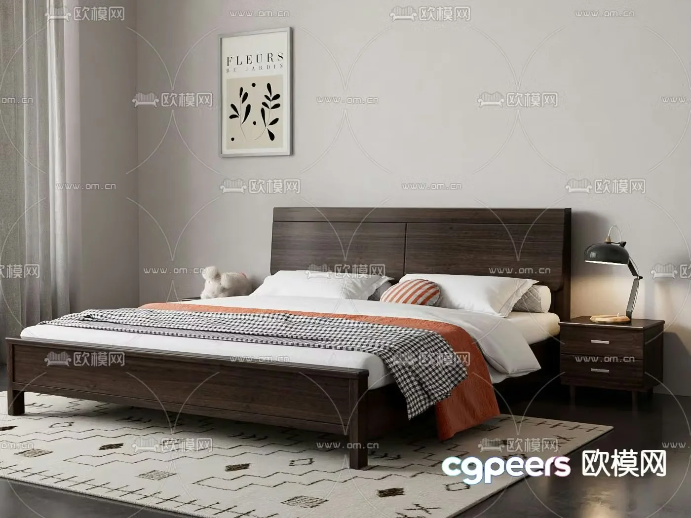 Nordic solid wood bed double bed 3d model