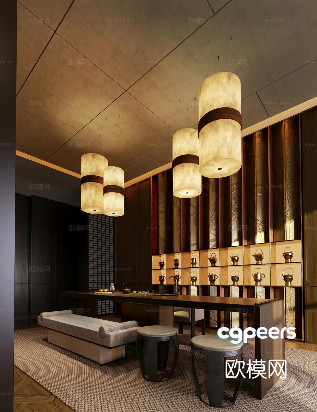 A Large Room With Several Light Fixtures And Seating Areas 3D Model – 2193 – VRAY Render