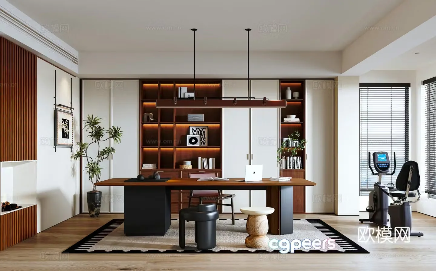 Modern medieval style study bookcase entrance desk and chair combination chandelier dynamic bicycle 3D model