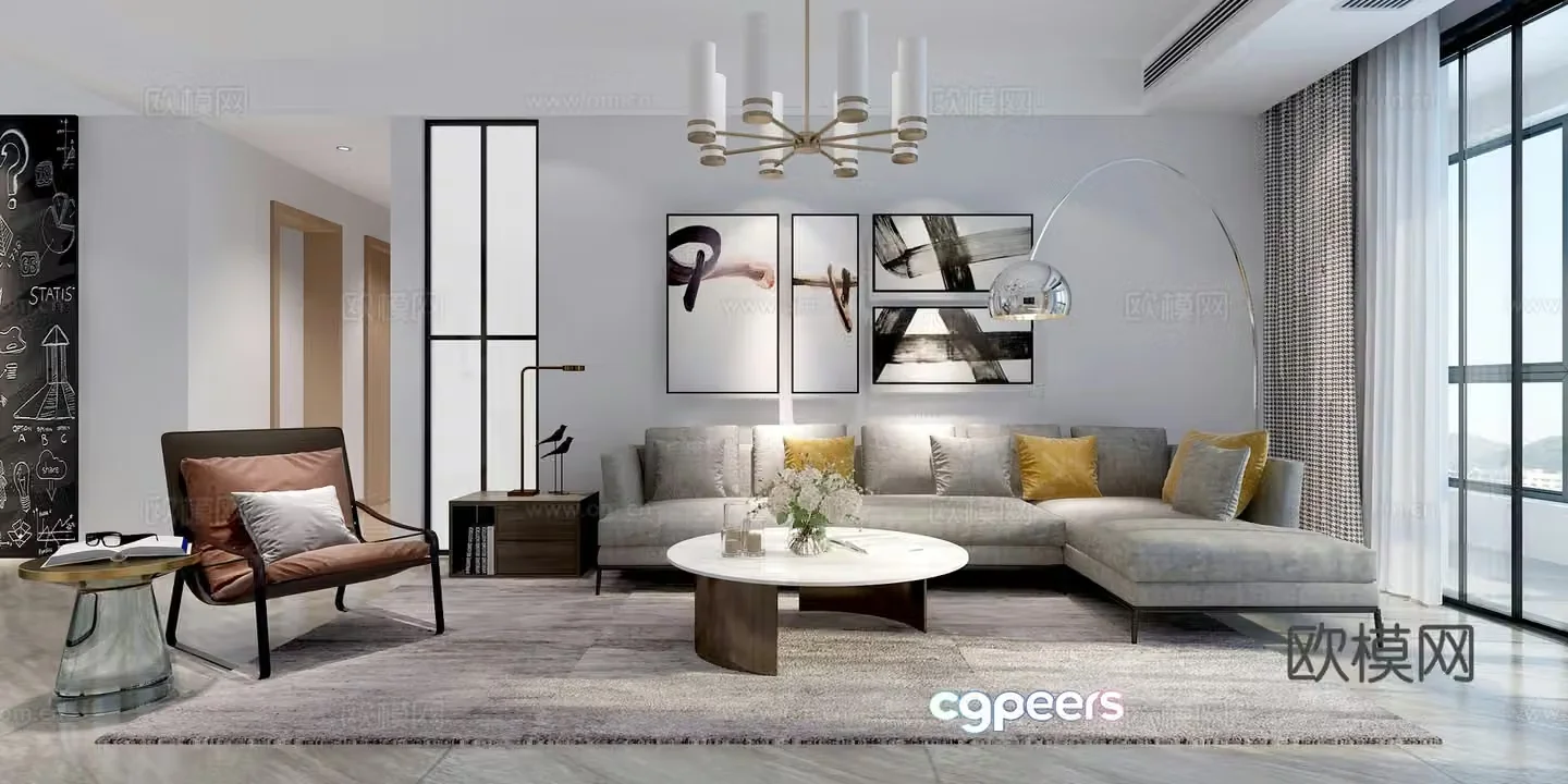 Nordic living and dining room sofa coffee table dining table chair chandelier hanging painting TV cabinet 3D model