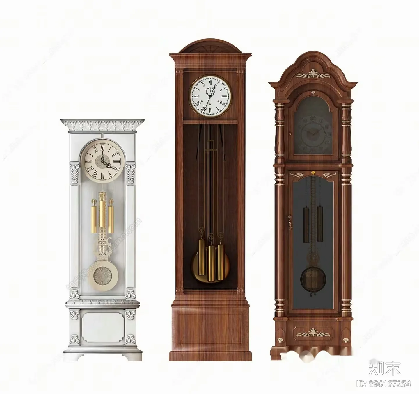 Three Grandfather Clocks 3D Model – 12826 – VRAY Render