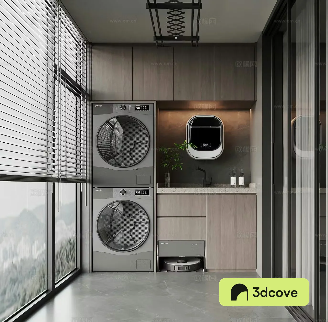 Modern balcony washing machine cabinet clothes drying rack sweeping robot 3d model