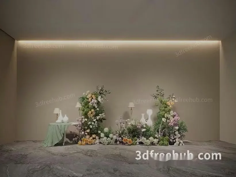 A Decorative Floral Arrangement With White Vases And Lamps 3D Model – 22561 – VRAY Render
