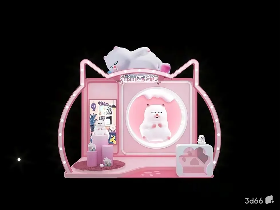 A Pink Cat-Themed Display With A White Cat Figurine On Top 3D Model – 20575 – VRAY Render