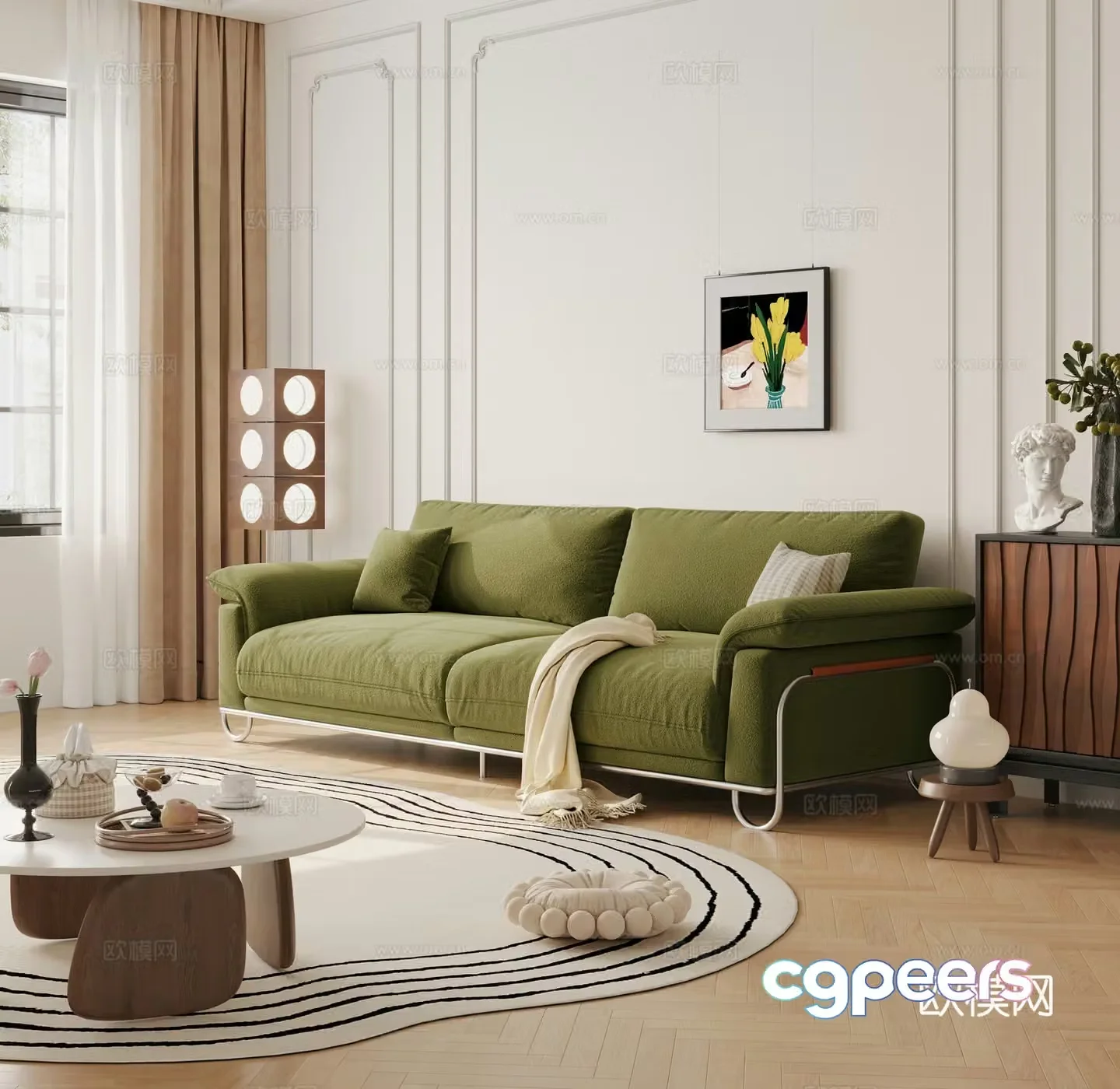 Medium retro three-person sofa cloud sofa straight sofa casual sofa polifo3d model