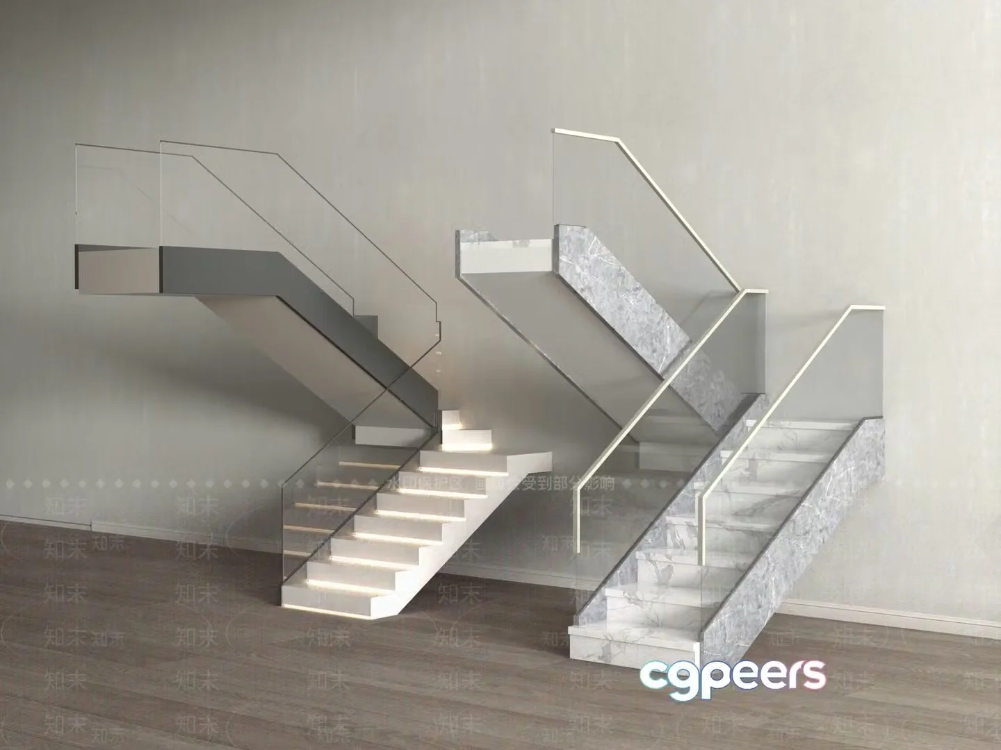 Modern Staircase With Glass Railing 3D Model – 4231 – VRAY Render