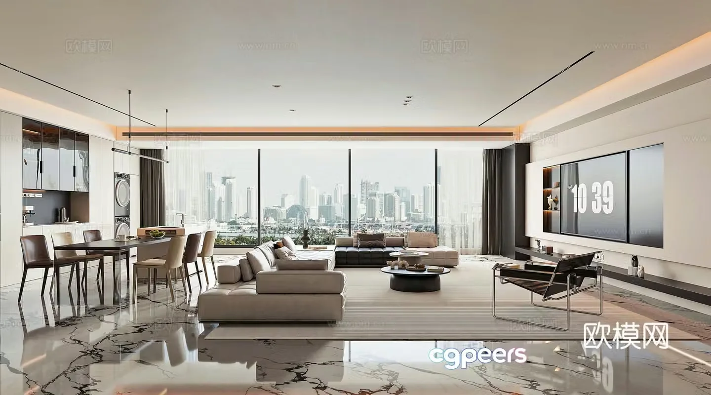 Modern light luxury living and dining room 3D model