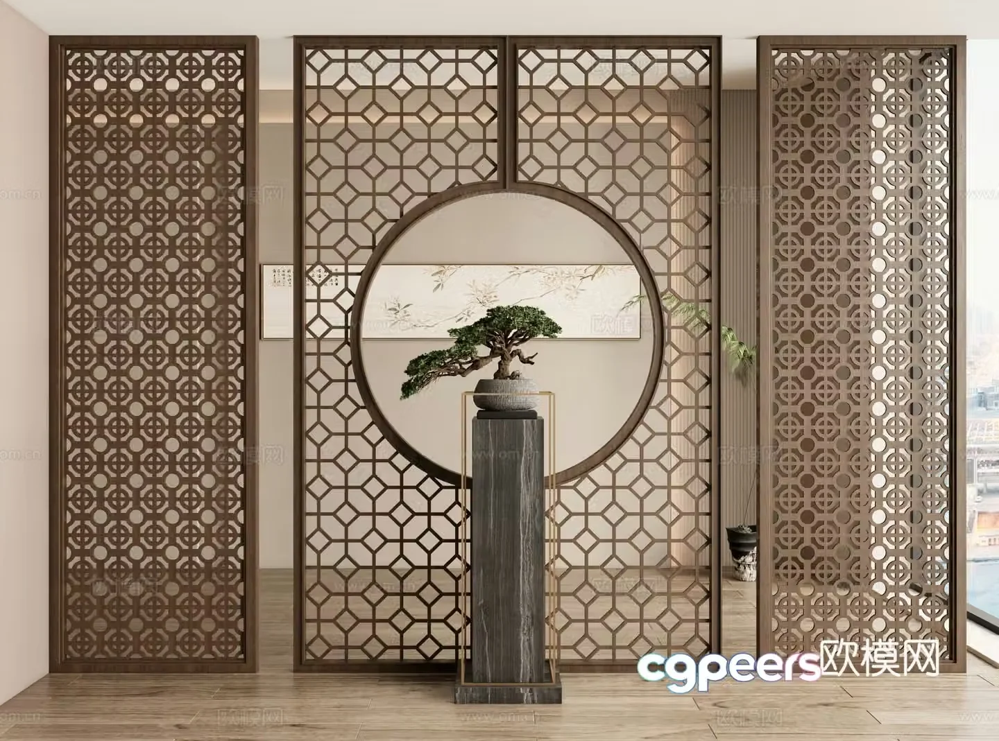 New Chinese style screen entrance screen lattice screen 3D model