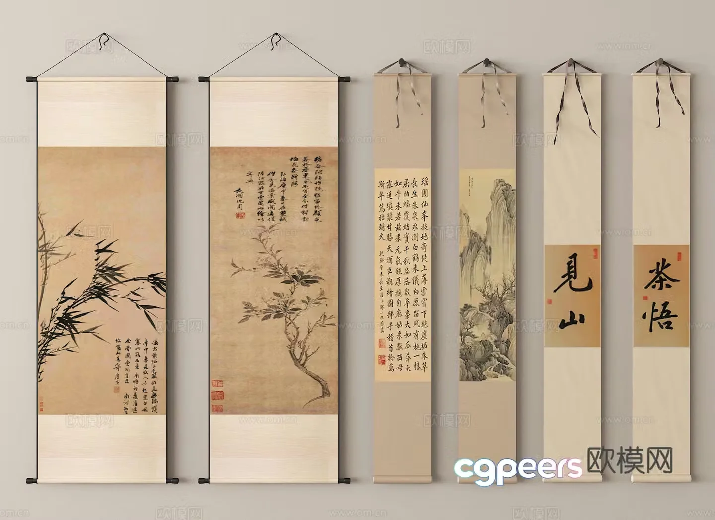 Chinese ink painting calligraphy and painting Chinese painting scroll painting hanging painting combination brush calligraphy 3D model