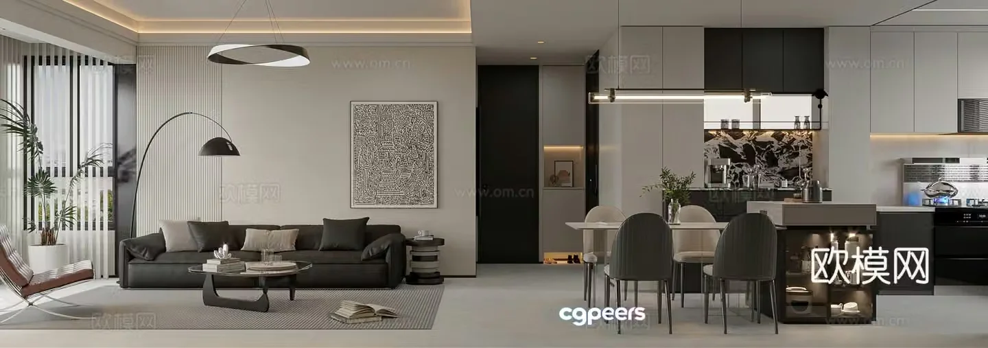 Modern black white and gray living room 3d model
