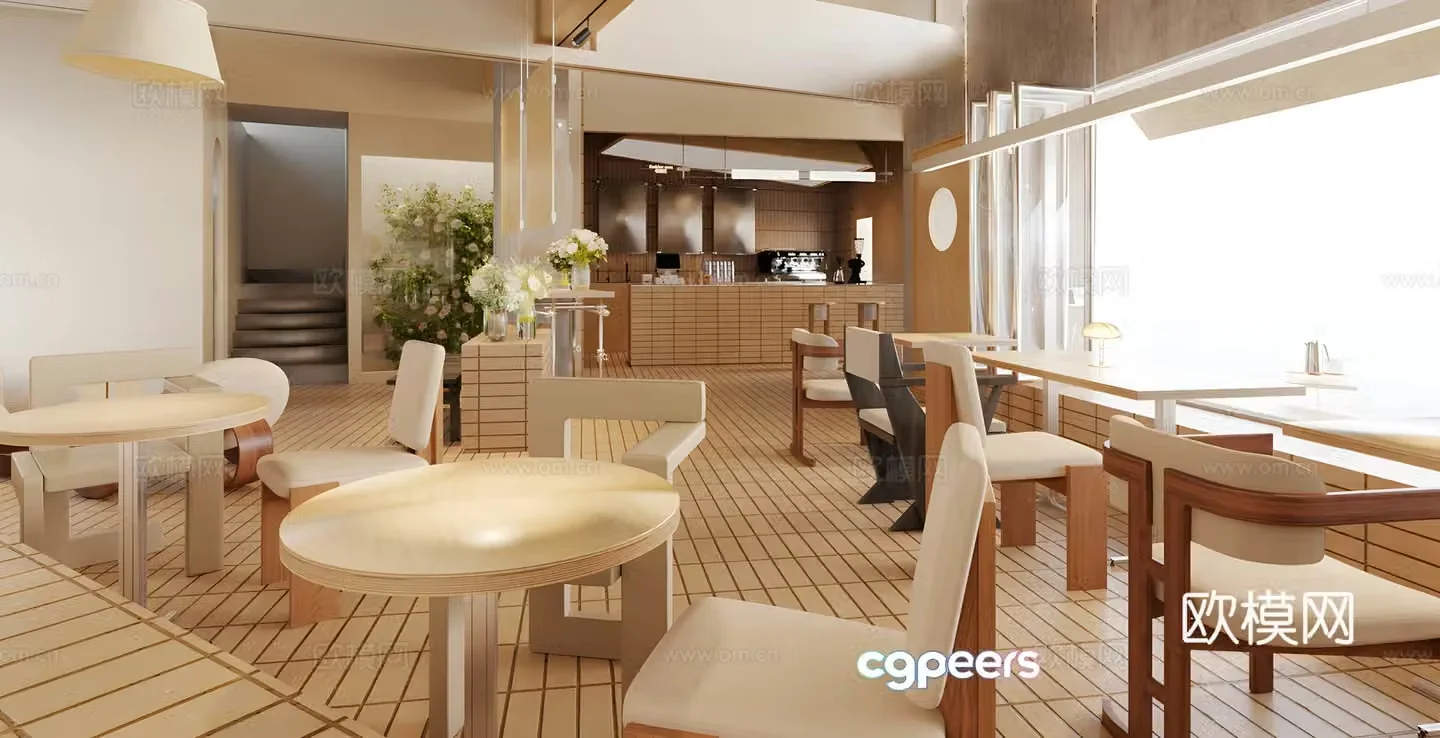 Modern log cafe log style milk tea shop coffee table and chairs milk tea shop money reception desk coffee 3d model