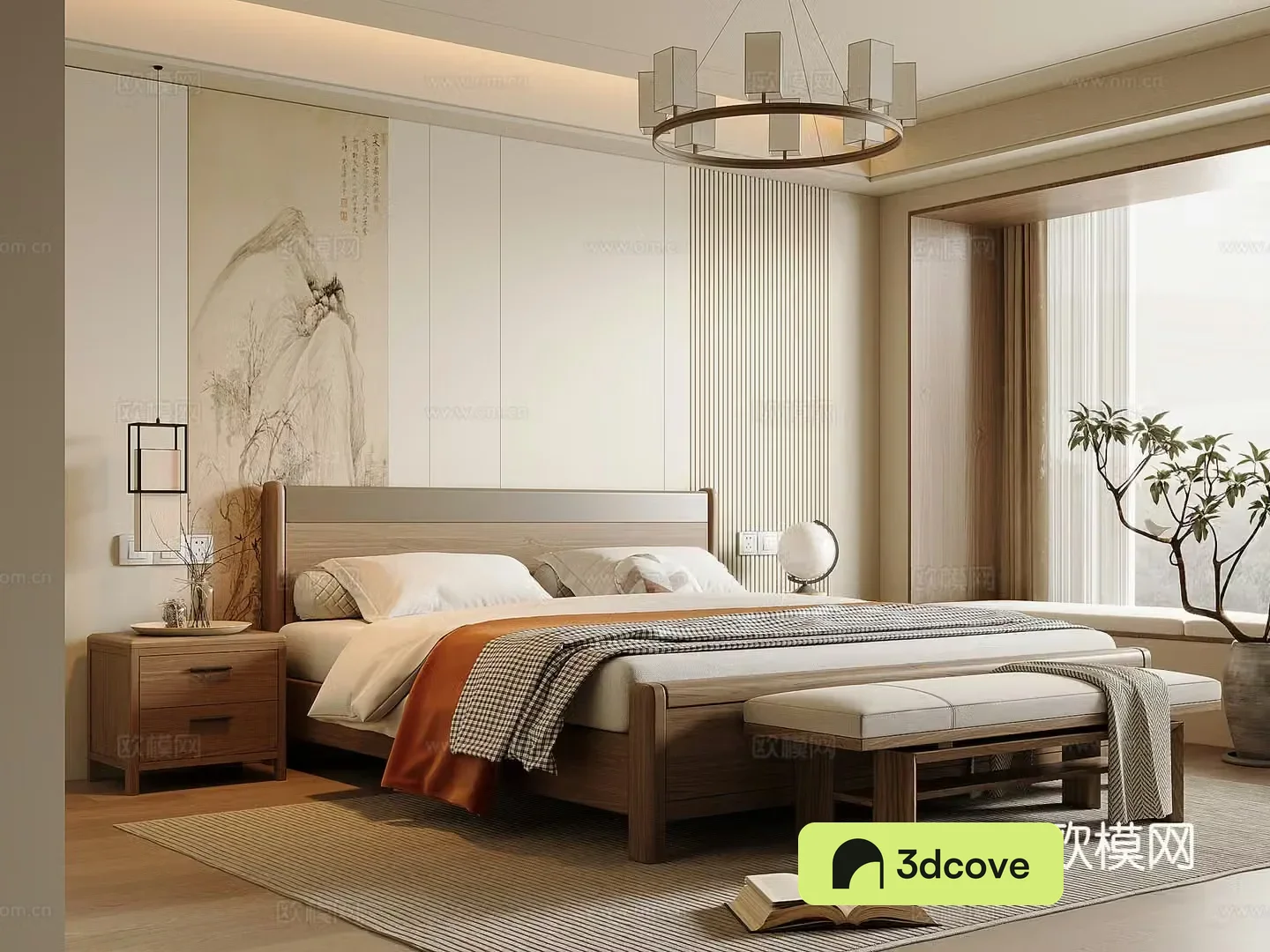 New Chinese style bedroom Song style solid wood double bed nightstand bed end stool Chinese style chandelier
