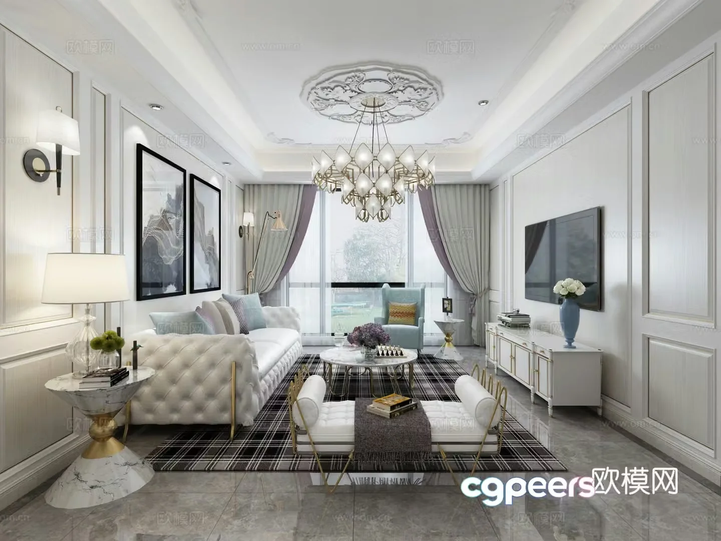 American small and fresh dining room sofa coffee table chandeliers paintings TV cabinets ornaments dining tables and chairs 3D models