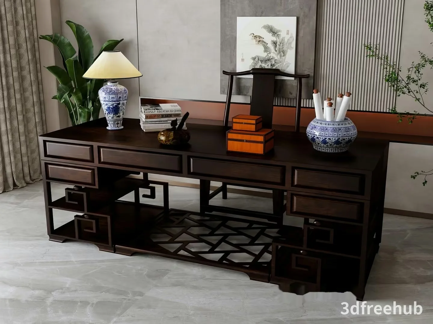 A Dark Wood Desk With Asian-Inspired Decor 3D Model – 22030 – VRAY Render