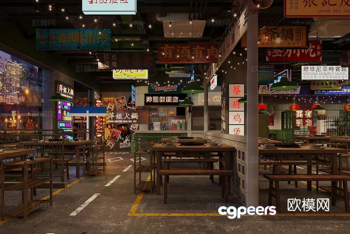 Industrial style nostalgic barbecue restaurant barbecue restaurant hot pot restaurant skewers restaurant Chinese restaurant hot pot tables and chairs 3D model