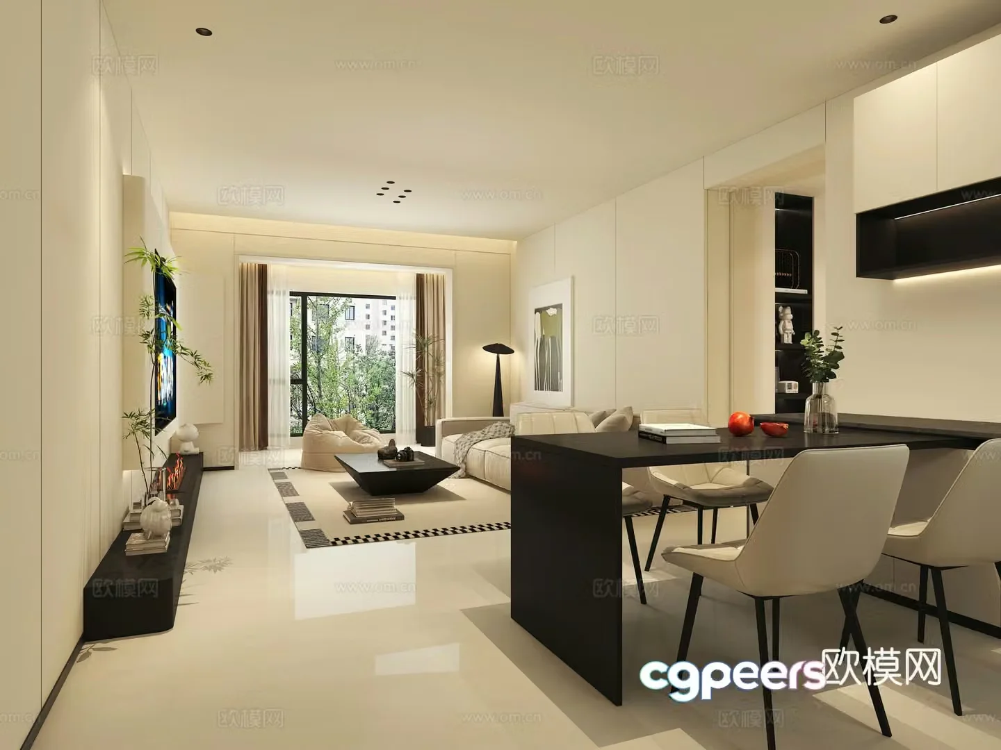 Modern minimalist living and dining room 3D model