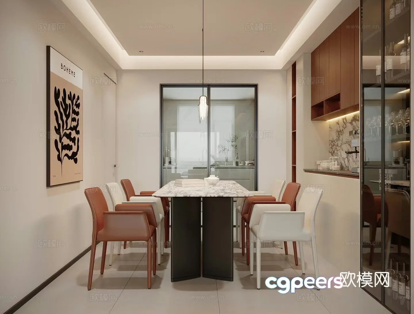Modern restaurant Dining table Wine cabinet Simple restaurant Modern living restaurant Chandelier Creamy restaurant 3d model
