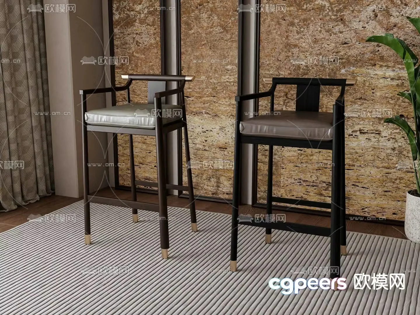 New Chinese Bar Stool Bar Stool High Stool 3D Model