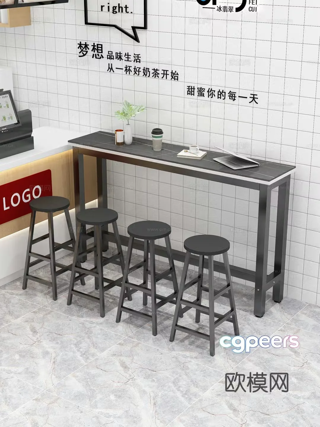 Bar table laptop coffee milk tea green plants cashier milk tea shop 3d model