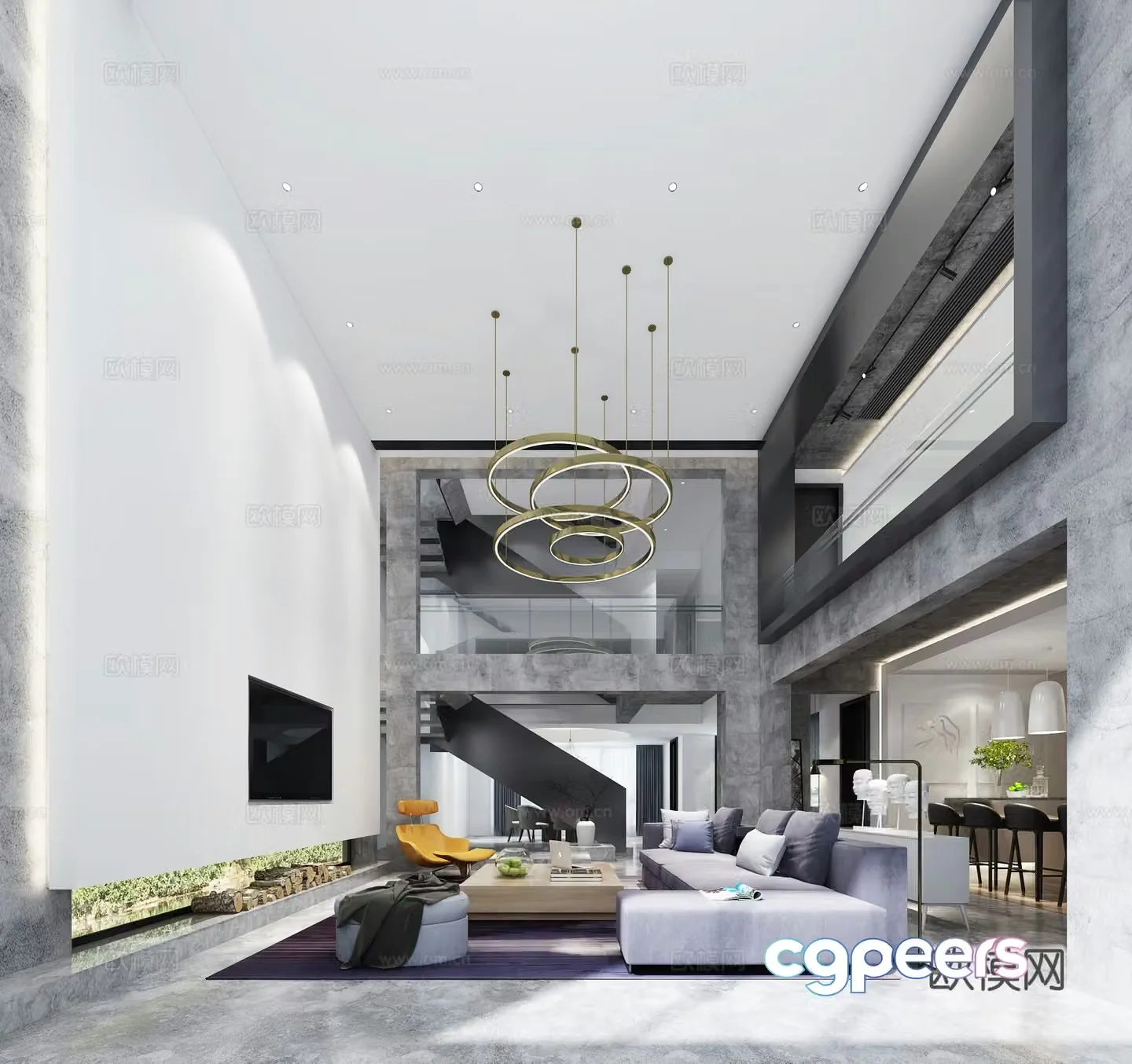 Modern villa living and dining bar corner sofa single sofa coffee table chandelier dining 3d model
