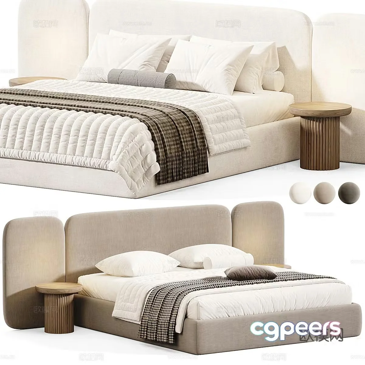 Modern cream style fabric double bed 3d model
