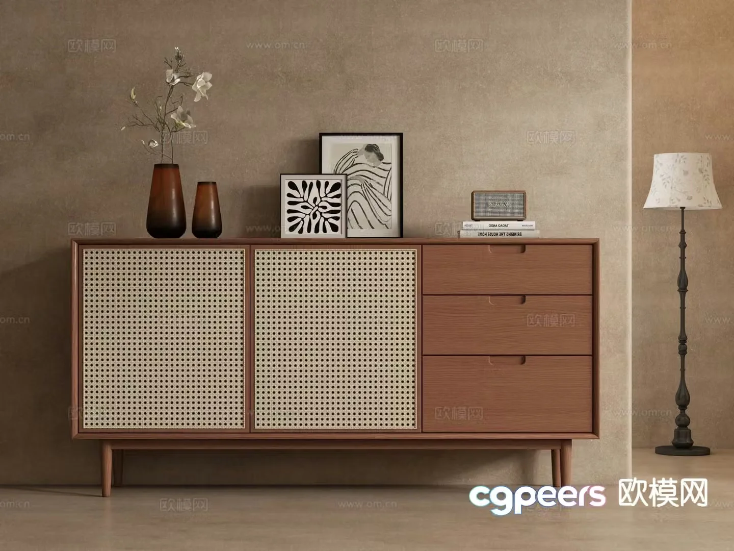 Medieval style side cabinet entrance cabinet rattan cabinet 3D model