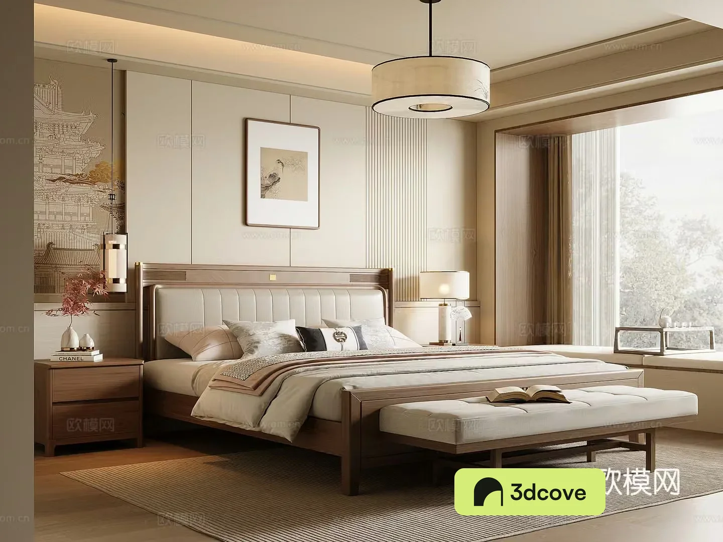 New Chinese style bedroom Song style solid wood double bed nightstand bed end stool Chinese style chandelier