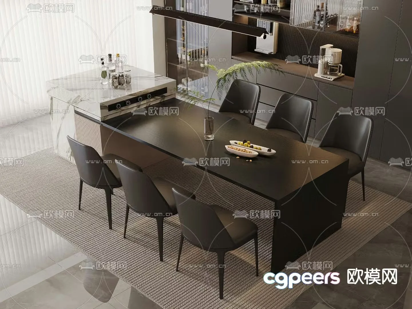 Island dining table and chairs 3d model