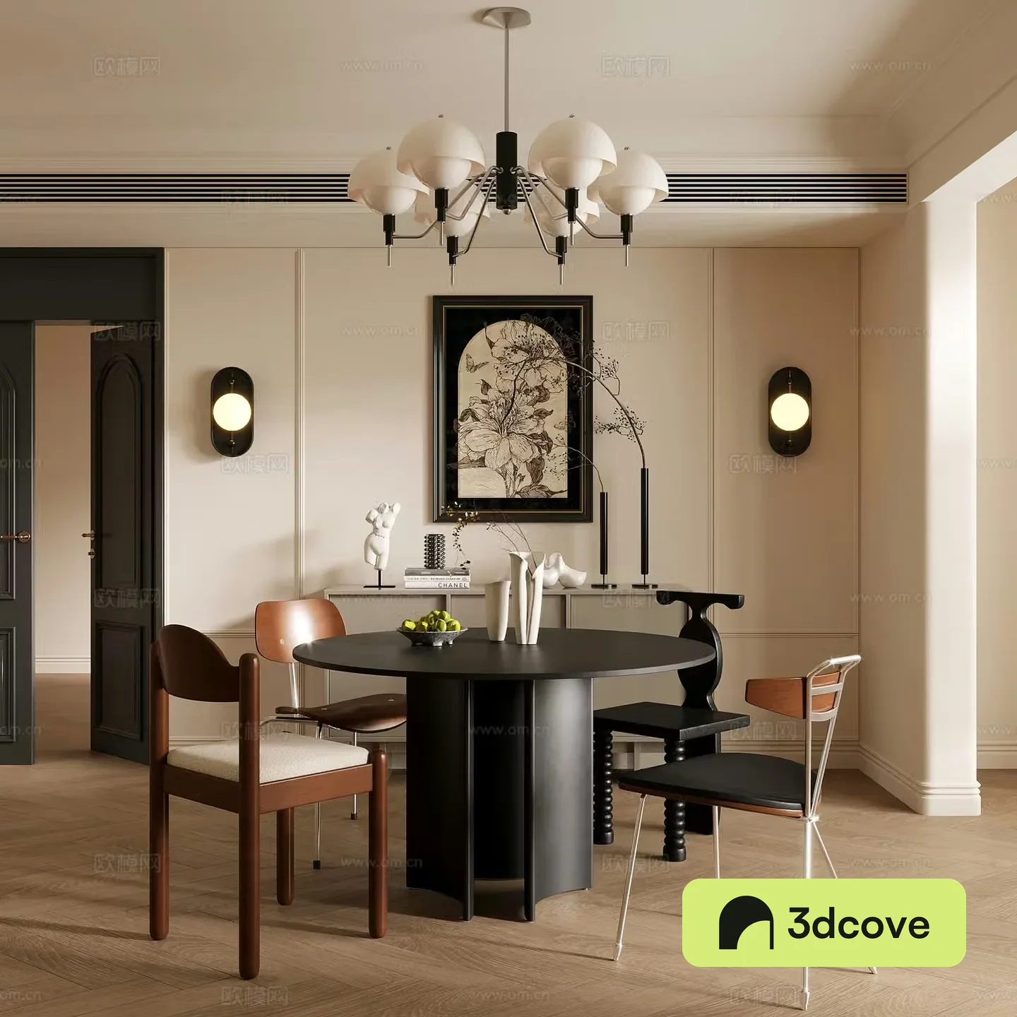 French retro style restaurant dining table and chair combination chandelier sideboard