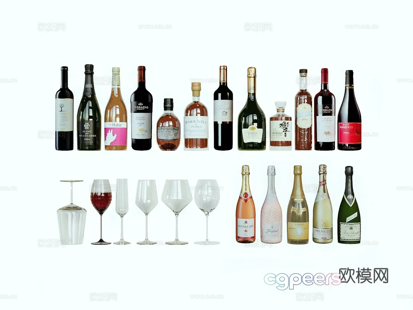 Modern wine bottle wine glass 3d model