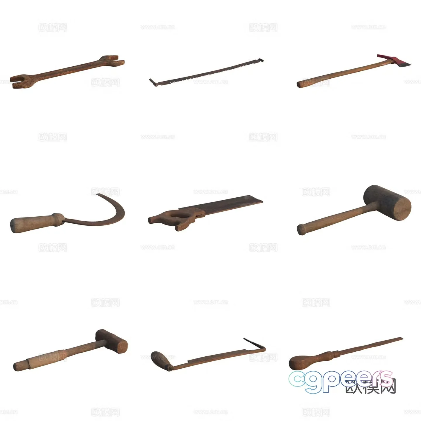 Farm tool axe hammer awl sickle wrench 3d model