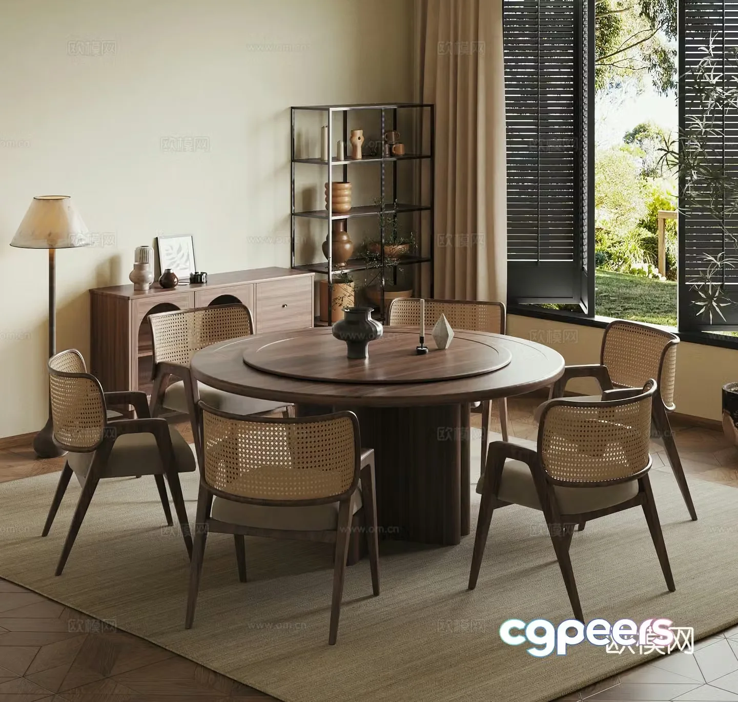 Jijifeng Restaurant Dining table and chairs Side cabinet Floor lamp 3D model
