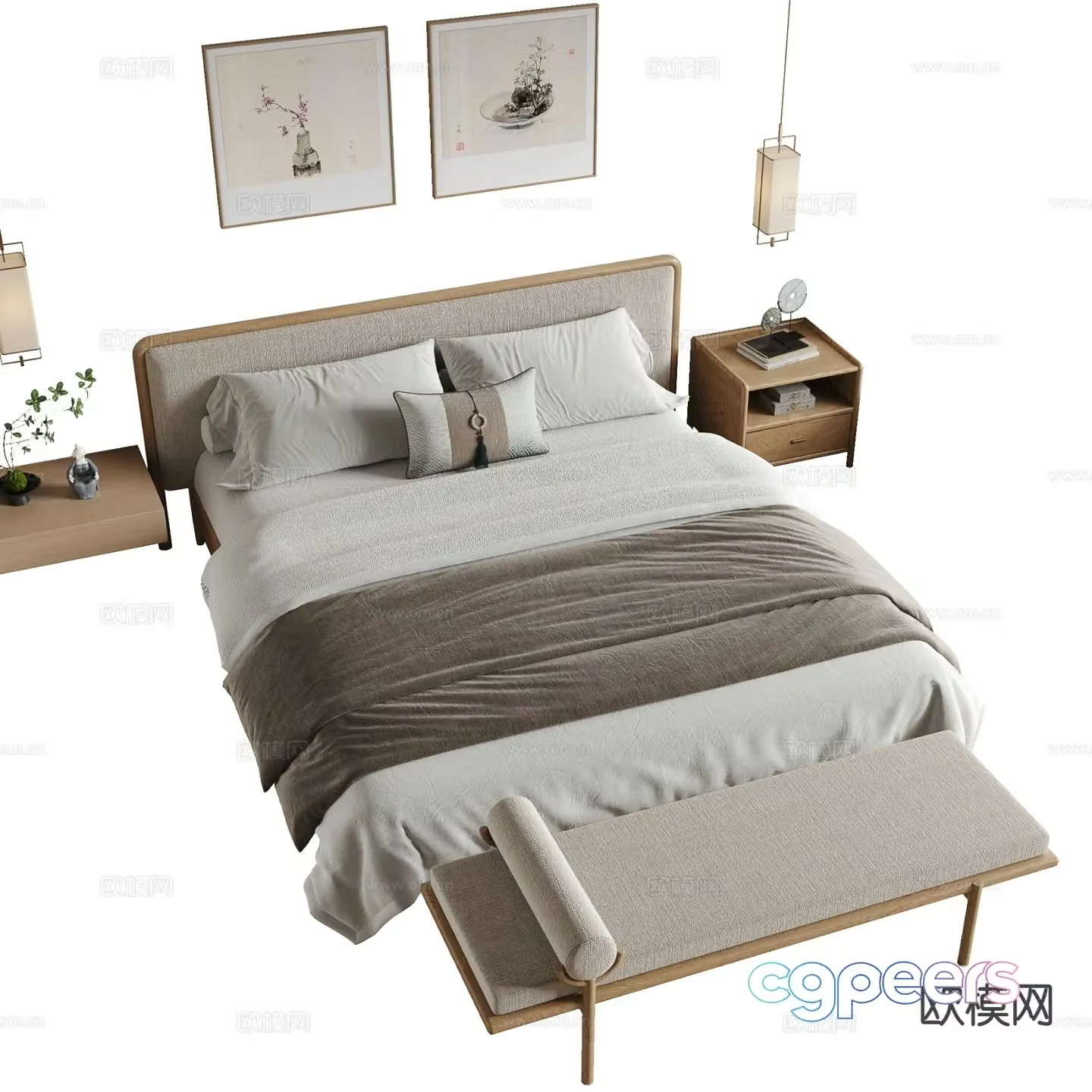New Chinese style double bed 3d model
