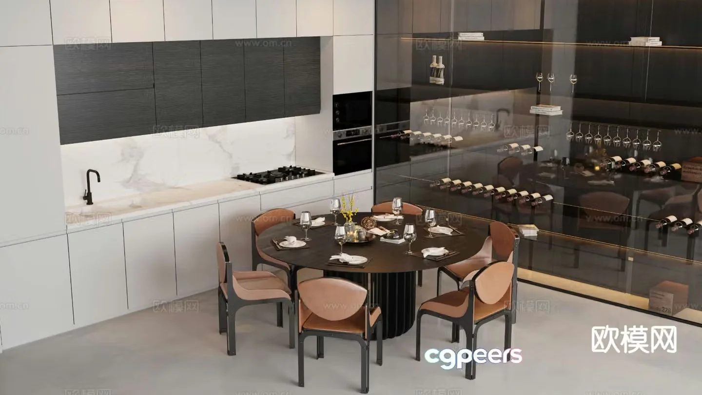 Modern dining table and chairs Western kitchen 3d model