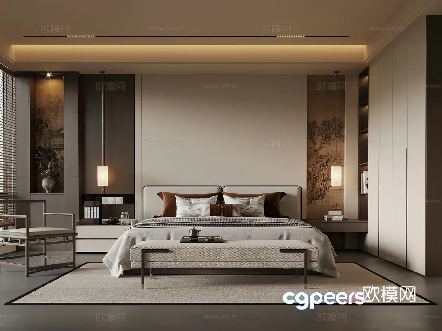 New Chinese style bedroom master bedroom double bed bedside table wardrobe 3d model
