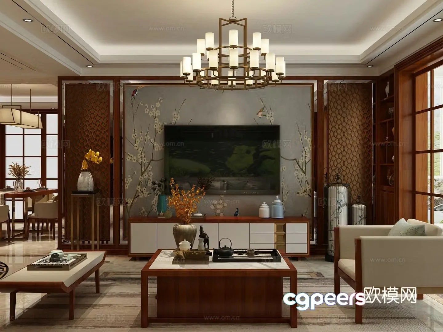 New Chinese style living and dining room sofa background wall dining table chair hanging painting 3d model