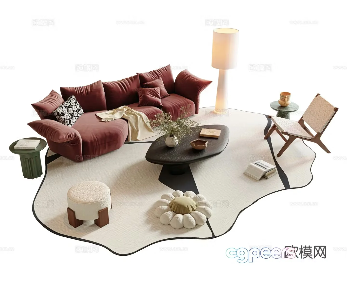 Medium style sofa tea table combination multi-person sofa petal sofa solid wood coffee table single casual chair 3D model
