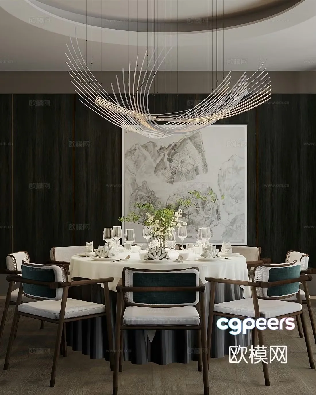 Modern private rooms Restaurant private rooms Dining table and chair combination Chandelier tableware 3D model