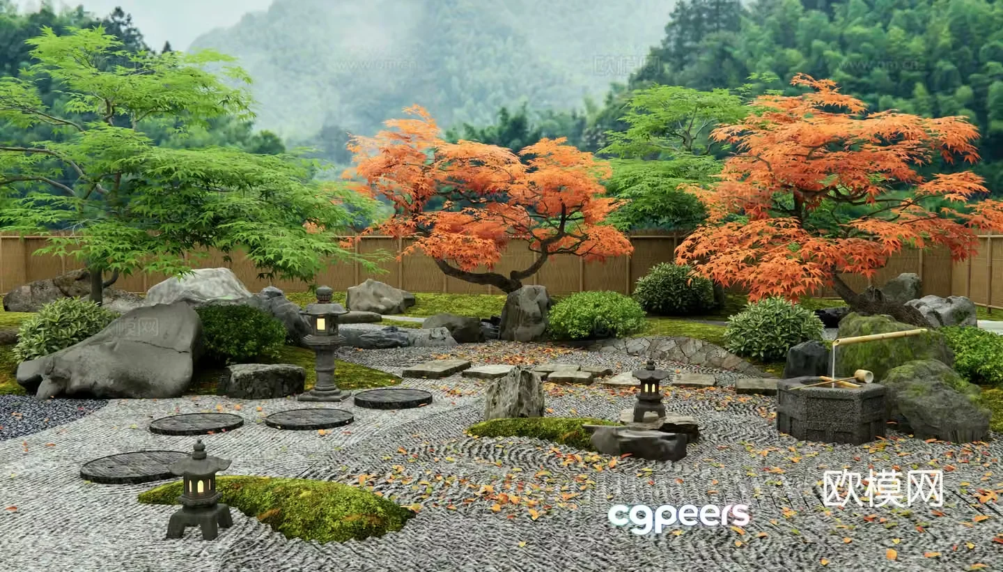 Japanese style dry landscape garden landscape stones Tingbu Micro-terrain landscape Red maple 3d model