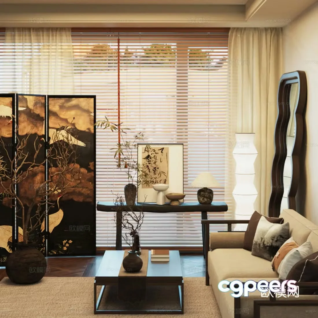 New Chinese style double sofa solid wood sofa screen full-body mirror solid wood strip 3D model